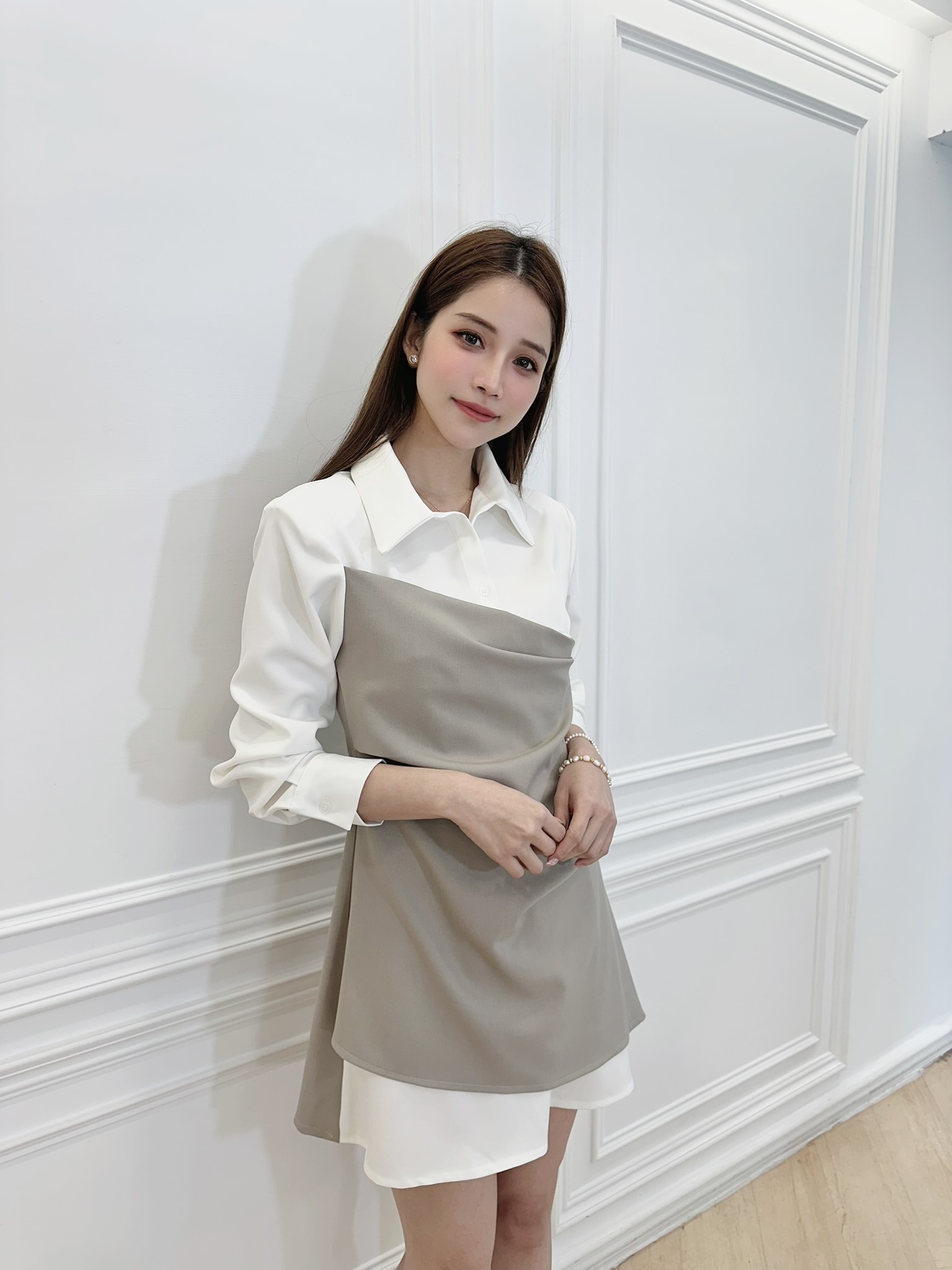 抓皺多層次合身襯衫洋裝