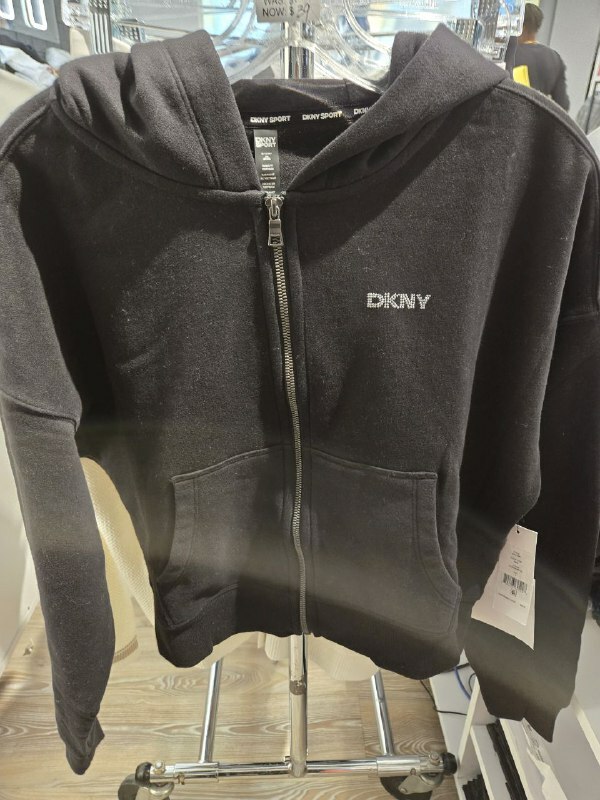 [U] DKNY BLK/GUNMETAL WOMEN'S MIXED RHINESTONE STUD LOGO FULL ZIP HOODIE, DP4J9489-BWG (UD887)