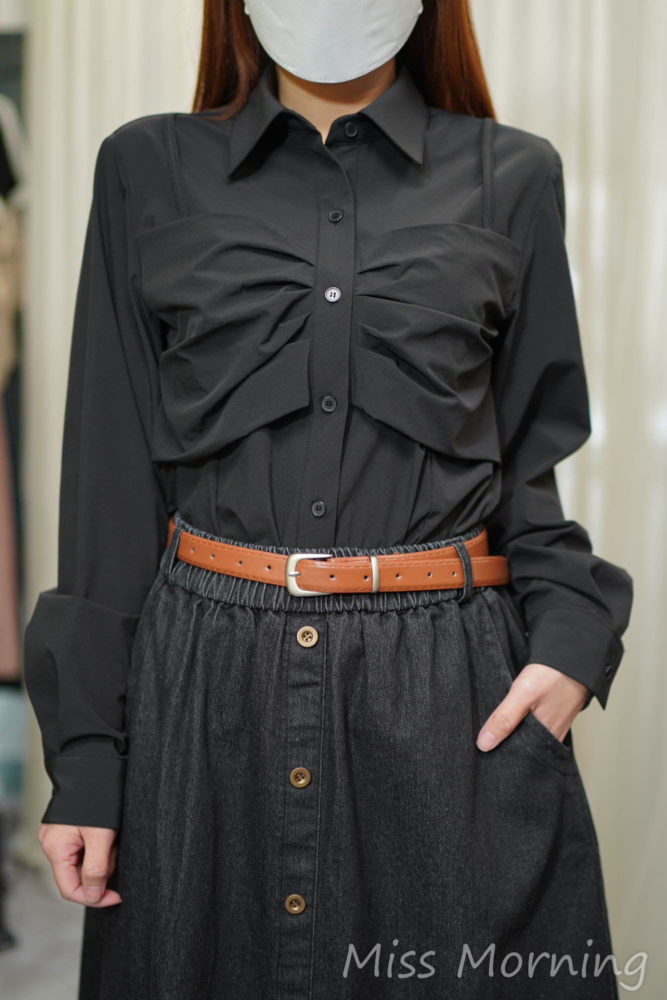 免燙彈性假2件上衣(14455)&連腰帶不揀人著牛仔裙(33899)