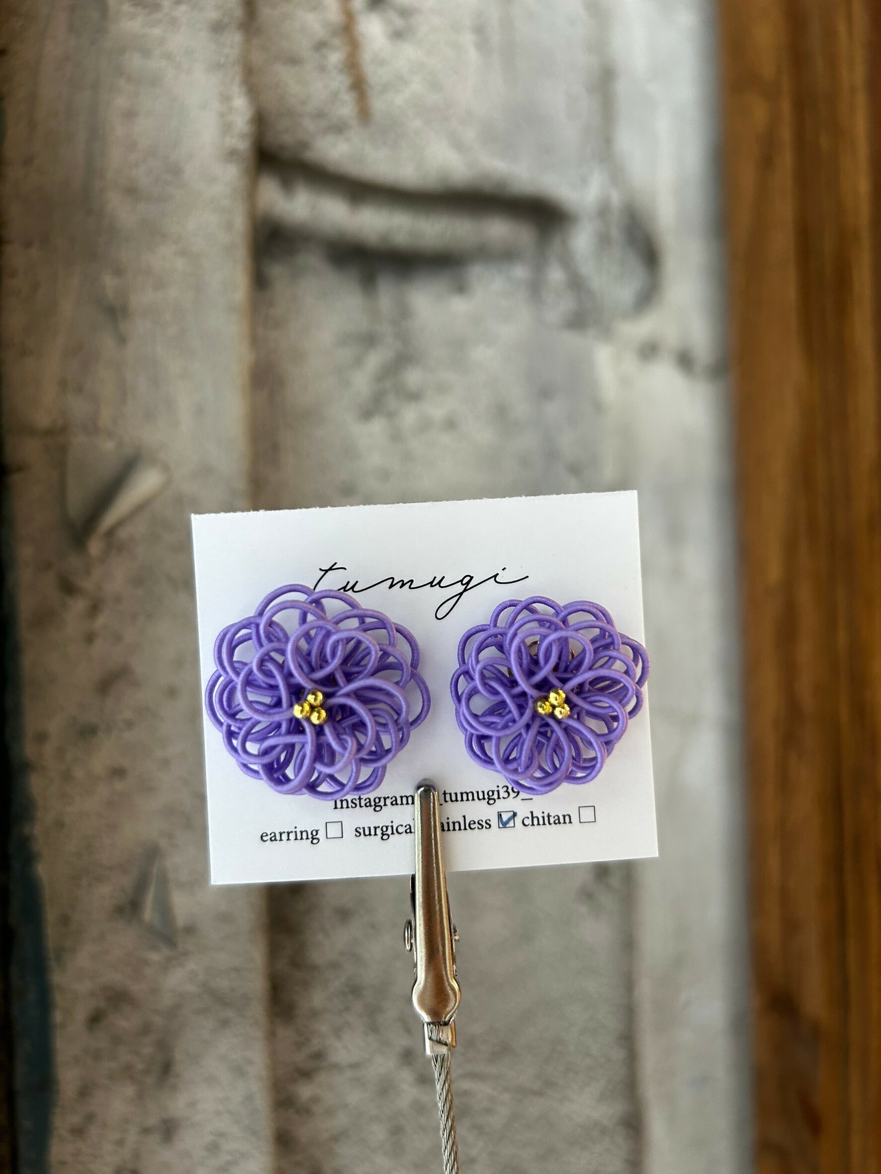 [TUMUGI] 水引絨花球耳環 | 藤色 | 耳針 | NO.53