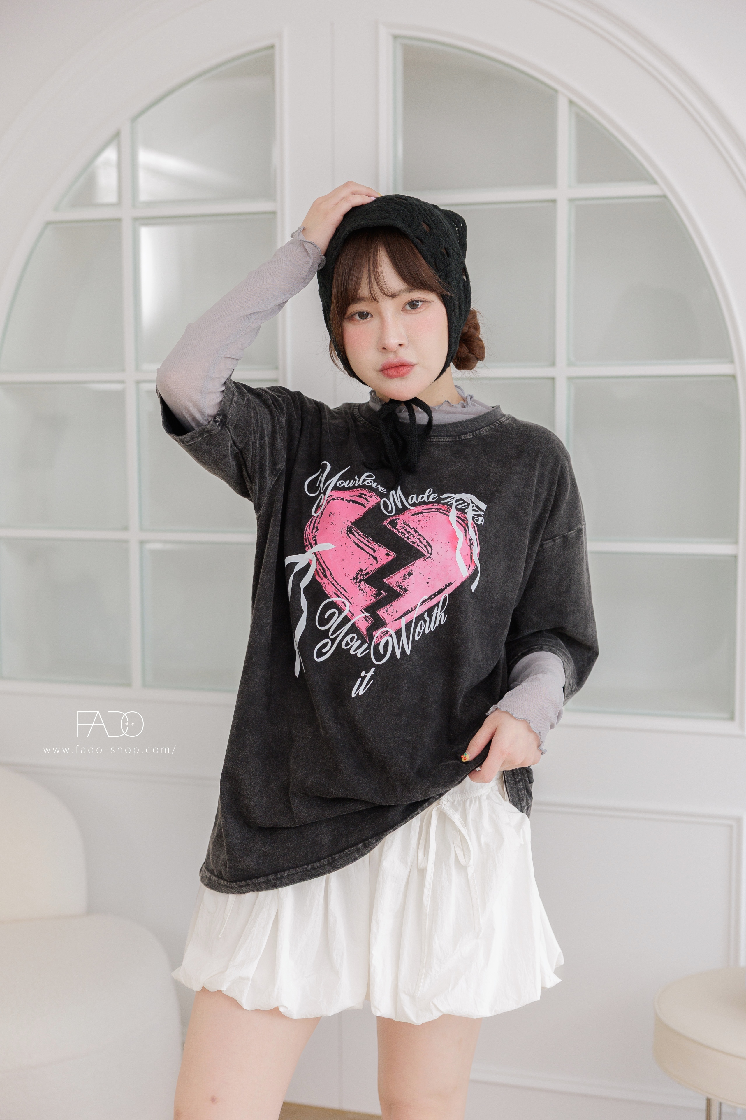 法朵Fado shop｜ 愛心蝴蝶結長版水洗T 0213022