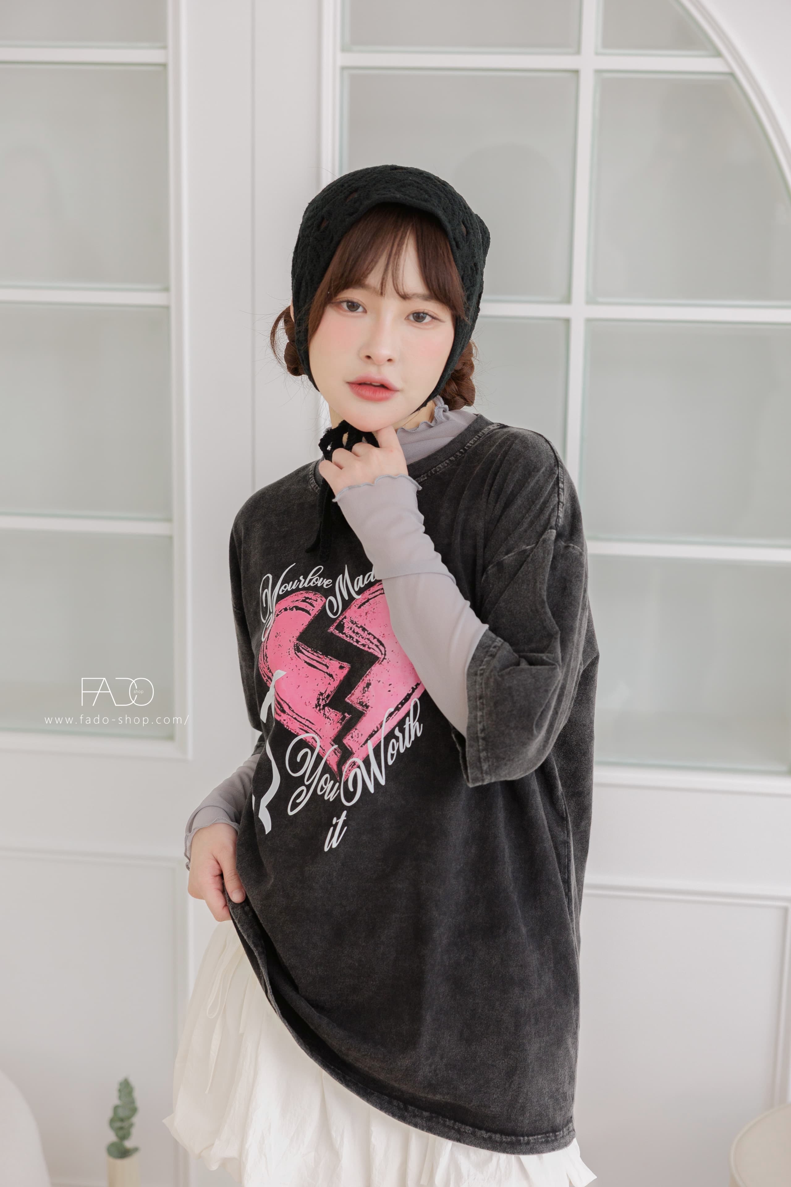 法朵Fado shop｜ 愛心蝴蝶結長版水洗T 0213022