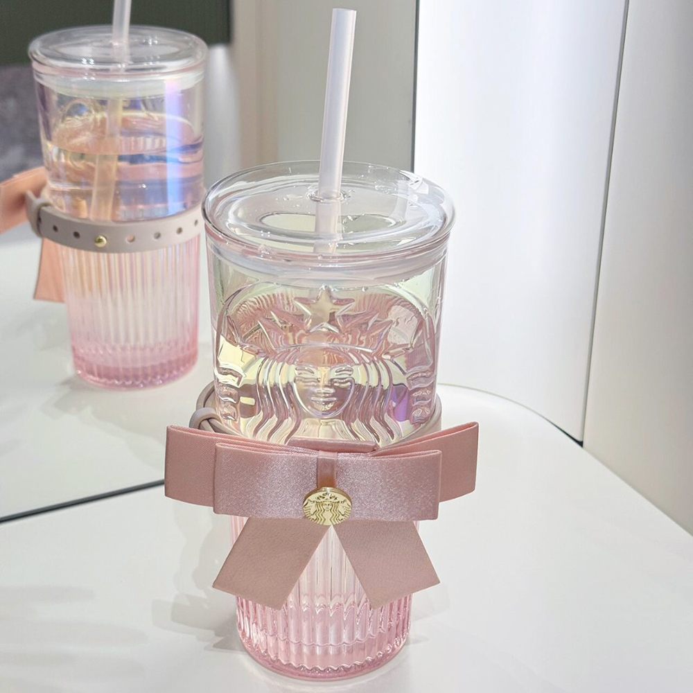 星巴克 STARBUCKS 粉色 漸層 炫彩 透明 蝴蝶結 桃花 女神 玻璃 吸管杯 水杯 冷水杯 550ML
