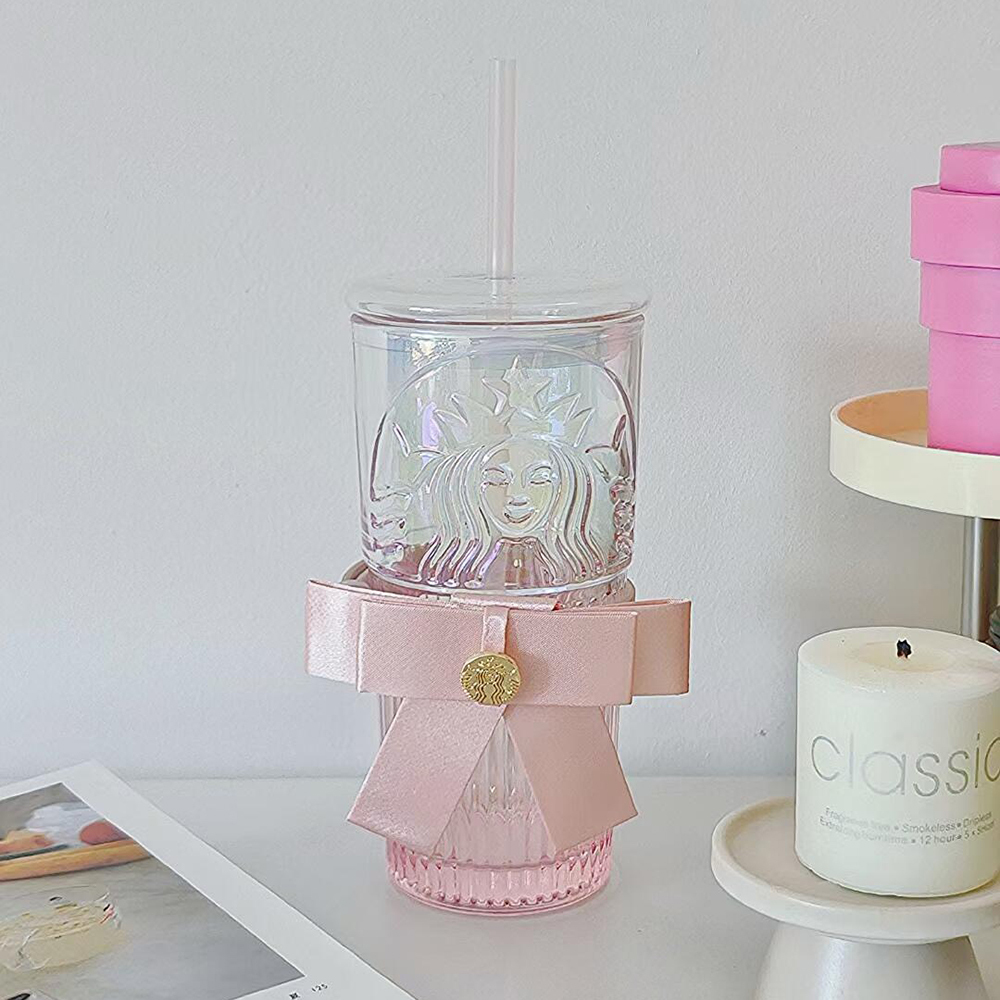 星巴克 STARBUCKS 粉色 漸層 炫彩 透明 蝴蝶結 桃花 女神 玻璃 吸管杯 水杯 冷水杯 550ML