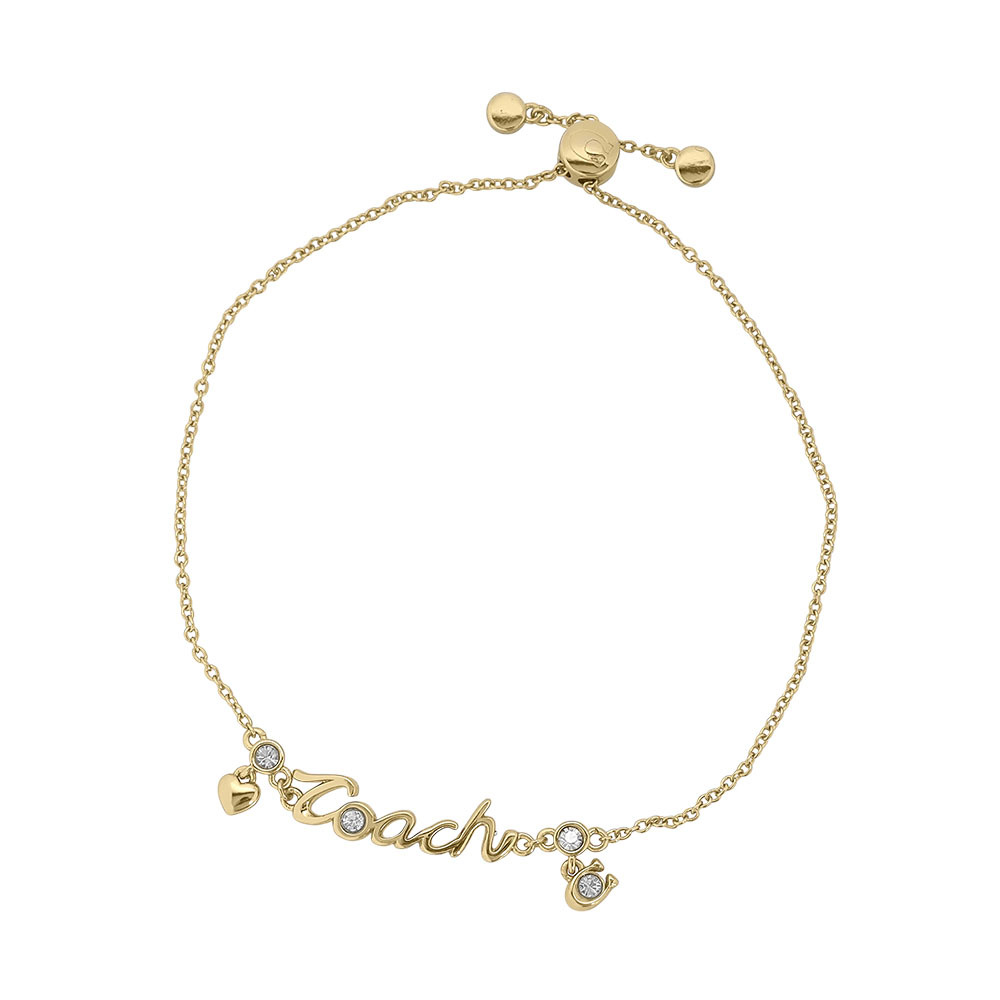 【COACH】Script 草寫標誌玻璃水鑽與愛心可調手鍊(金色)CAD53 GLD