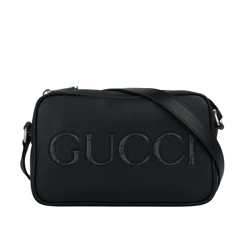 【GUCCI】縫線Logo 素面皮革拉鍊迷你相機包(黑色)768391 AACYX 8446