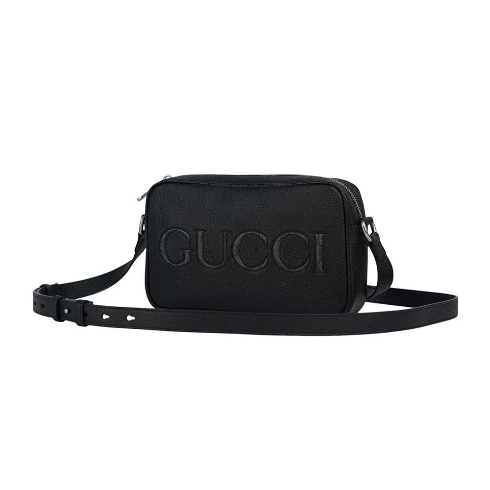 【GUCCI】縫線Logo 素面皮革拉鍊迷你相機包(黑色)768391 AACYX 8446