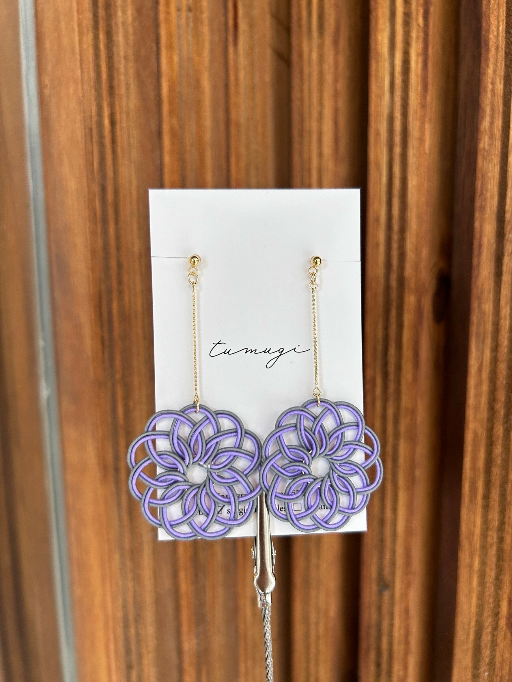 [TUMUGI] 水引花火耳環 | 藤色x鉛色 | 耳夾 | NO.26