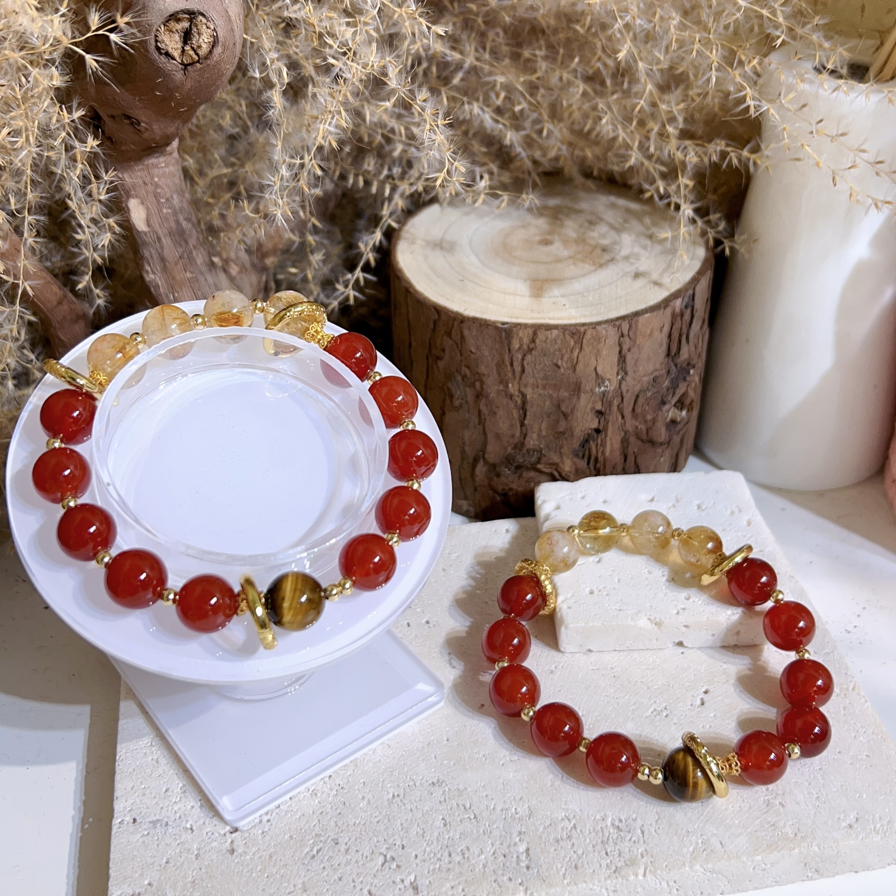 黃虎眼頂珠拼黃塔晶南紅瑪瑙DIY設計款