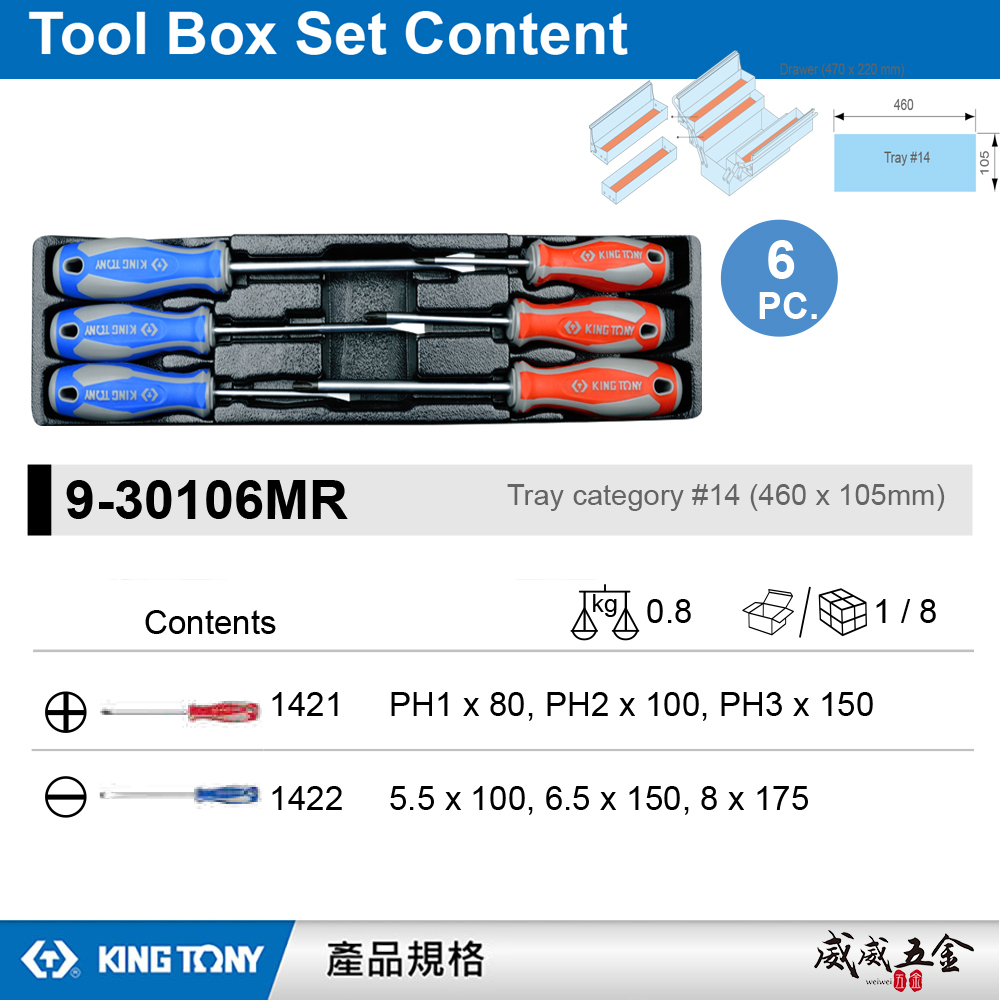 KING TONY 金統立｜9-30106MR｜6件式 螺絲起子工具箱組套 膠柄螺絲起子 十字 一字｜台灣製