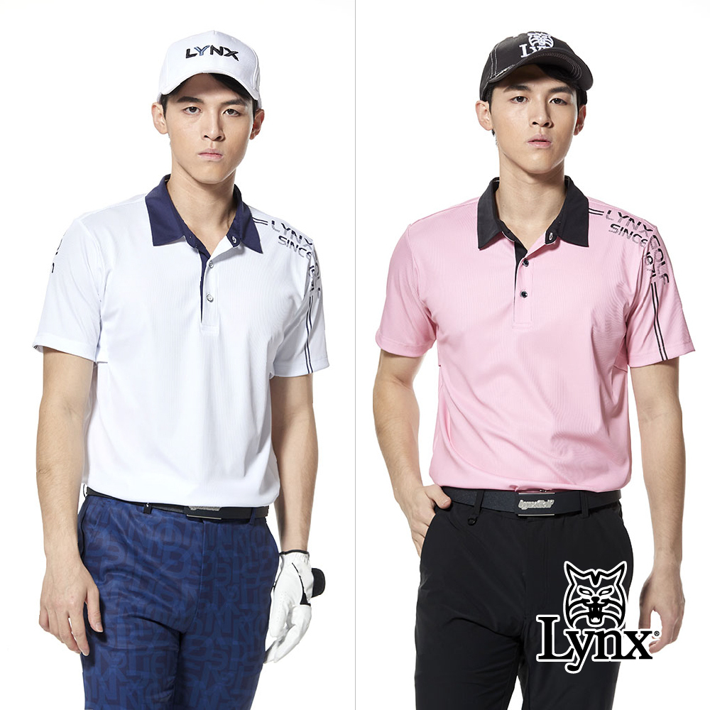 【Lynx Golf】合身版吸排抗菌直條組織配色領左肩印花POLO衫/高爾夫球衫