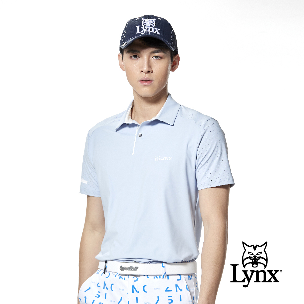 【Lynx Golf】合身版涼感透氣配布剪接門襟貼膜印花POLO衫/高爾夫球衫