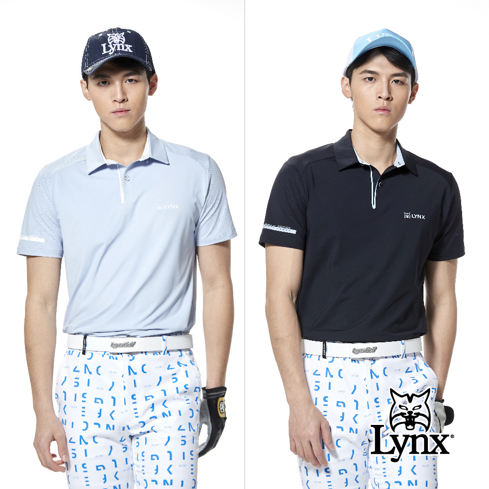 【Lynx Golf】合身版涼感透氣配布剪接門襟貼膜印花POLO衫/高爾夫球衫