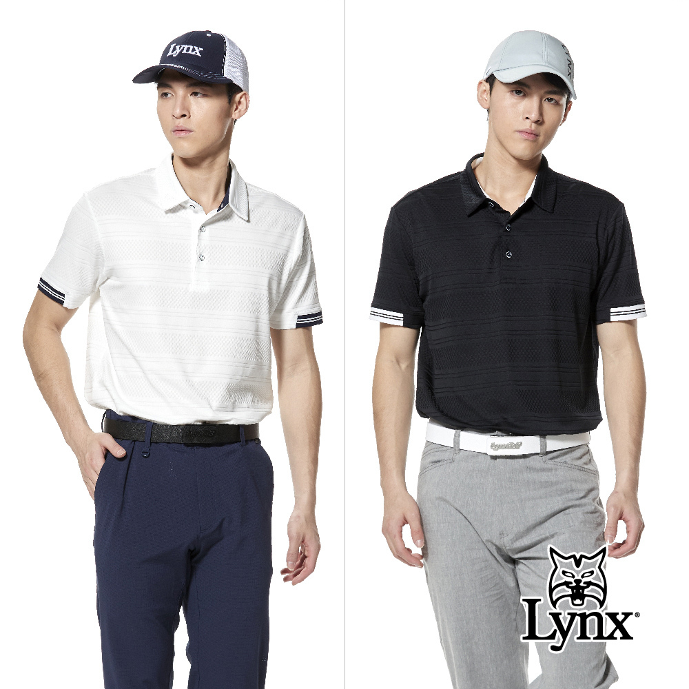 【Lynx Golf】吸排抗UV雙面緹花羅紋袖領尖繡花POLO衫/高爾夫球衫