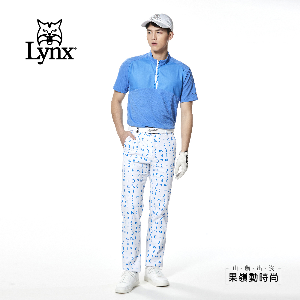 【Lynx Golf】防潑水滿版LOGO印花褲耳織帶平口休閒長褲
