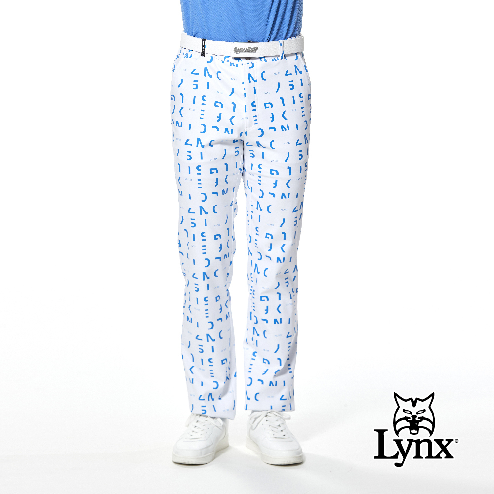 【Lynx Golf】防潑水滿版LOGO印花褲耳織帶平口休閒長褲