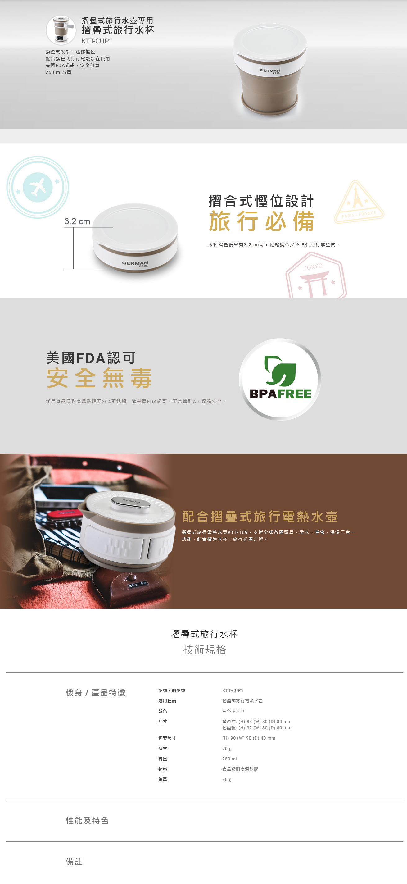 摺疊式旅行水壺專用, 摺疊式旅行水杯, 摺疊式設計, 配合摺疊式旅行電熱水壺使用, 美國FDA認證, 250 ml容量