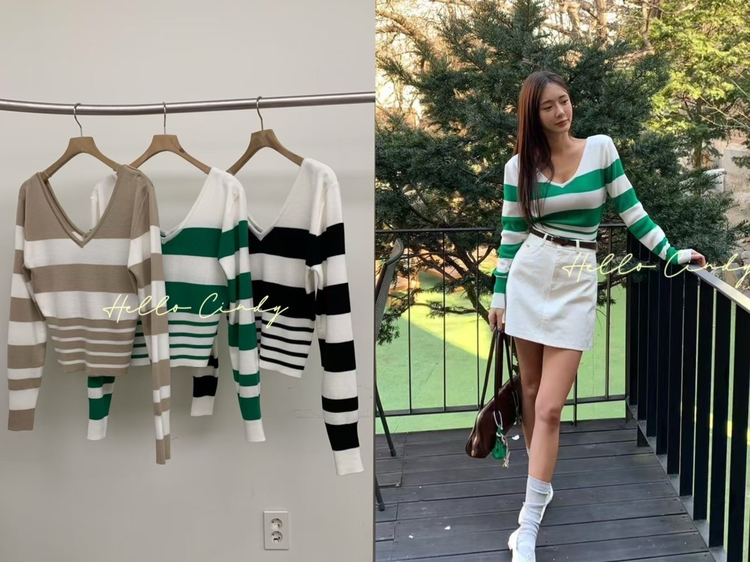 官網獨賣 N03002 現貨-Cindy愛牌～正韓設計師品牌前後性感大V條紋針織上衣