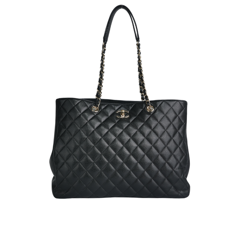 【CHANEL】金色CC Logo 粒紋牛皮轉釦鍊帶肩背包/托特包