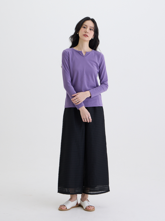 波卡切角V口長袖上衣-紫槿