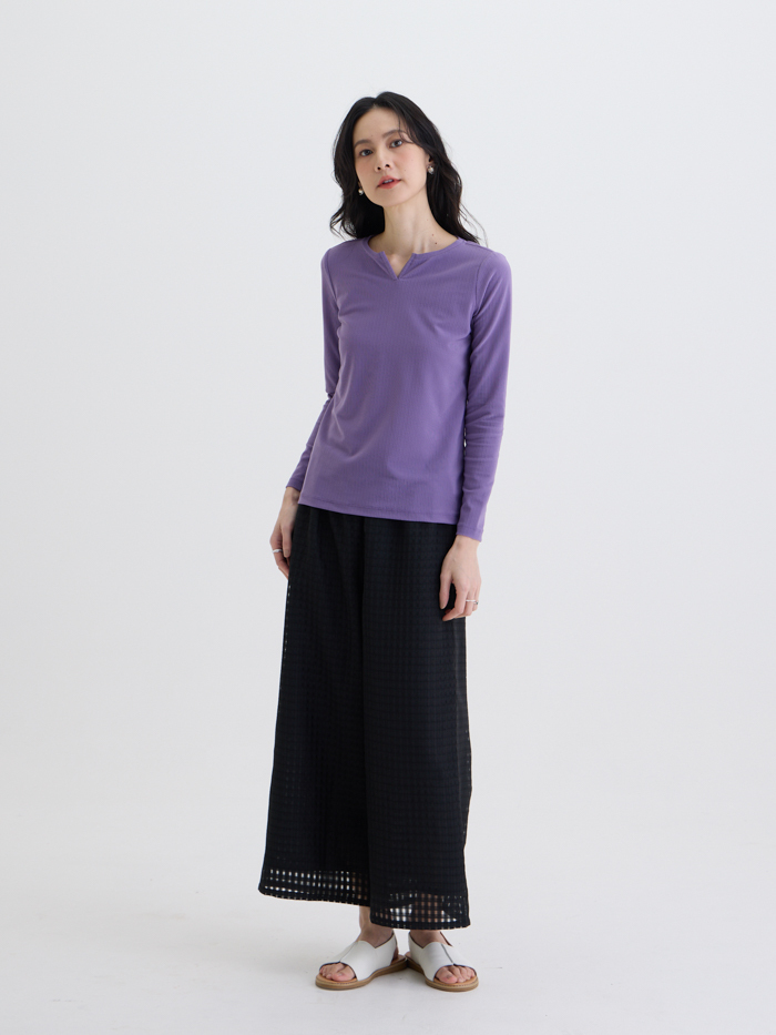 波卡切角V口長袖上衣-紫槿