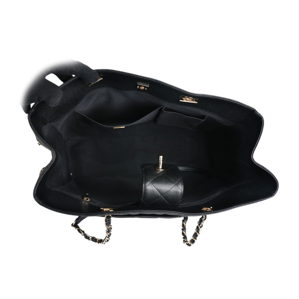 【CHANEL】金色CC Logo 粒紋牛皮轉釦鍊帶肩背包/托特包(黑色)A91046 Y33352 94305