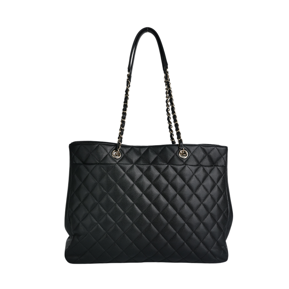 【CHANEL】金色CC Logo 粒紋牛皮轉釦鍊帶肩背包/托特包(黑色)A91046 Y33352 94305