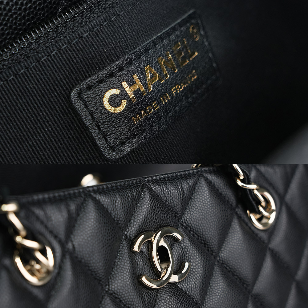 【CHANEL】金色CC Logo 粒紋牛皮轉釦鍊帶肩背包/托特包(黑色)A91046 Y33352 94305