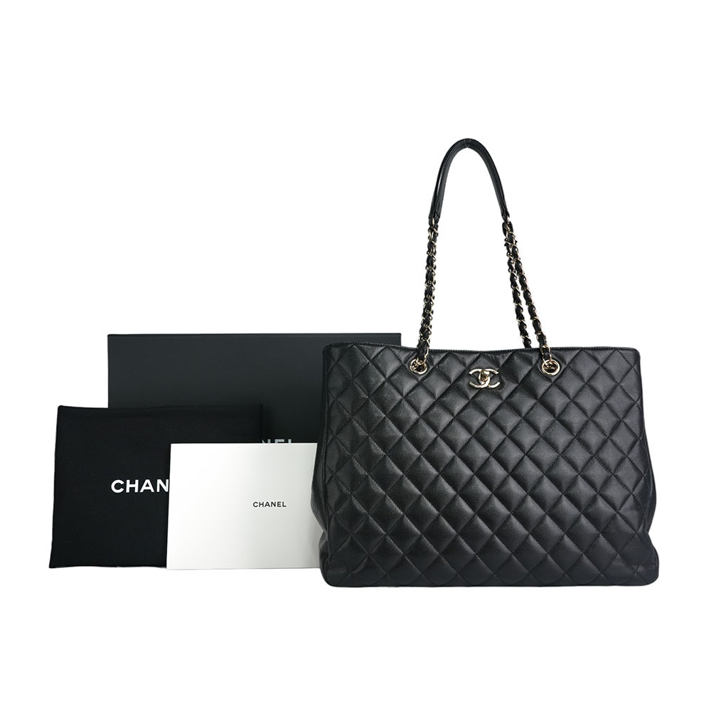 【CHANEL】金色CC Logo 粒紋牛皮轉釦鍊帶肩背包/托特包(黑色)A91046 Y33352 94305