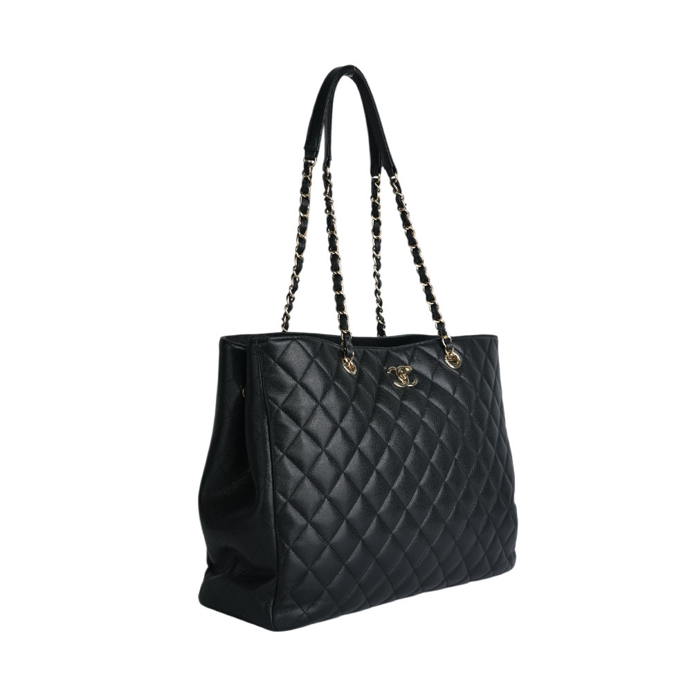 【CHANEL】金色CC Logo 粒紋牛皮轉釦鍊帶肩背包/托特包(黑色)A91046 Y33352 94305