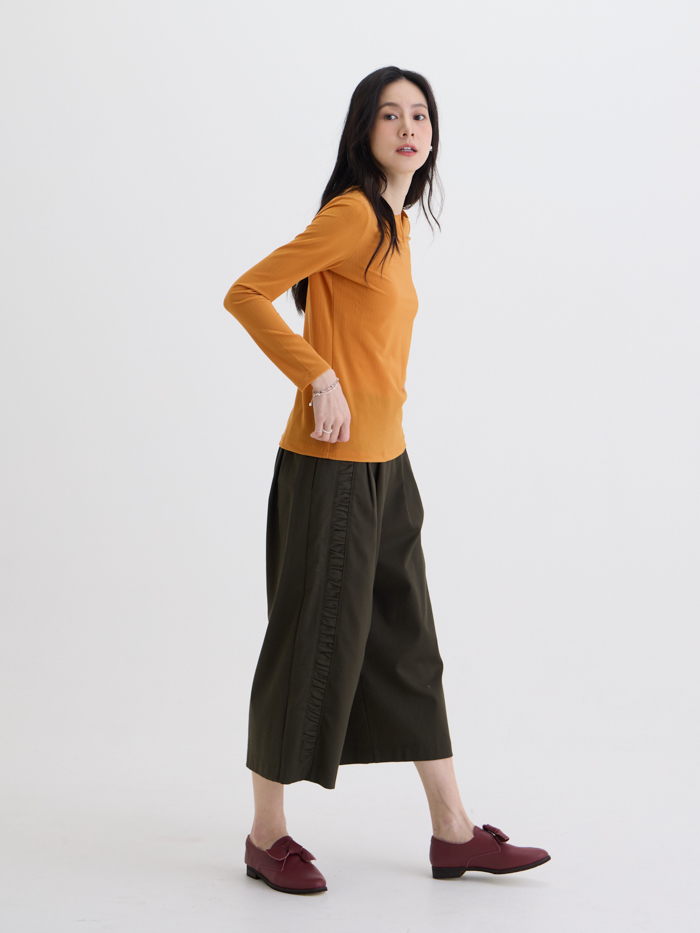 波卡切角V口長袖上衣-日橙