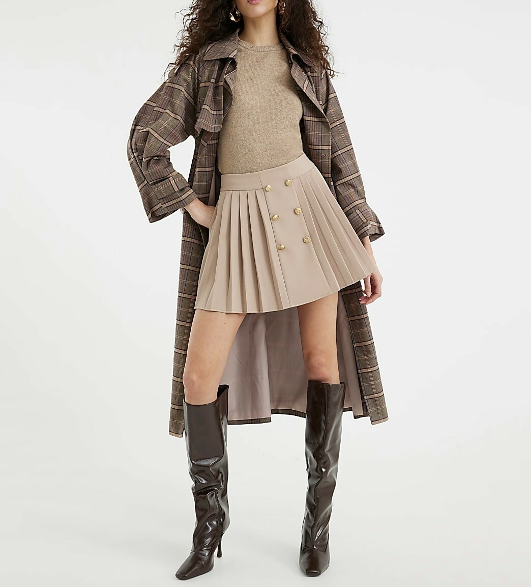 London奶油茶色金鈕釦百褶裙Mini Skirt