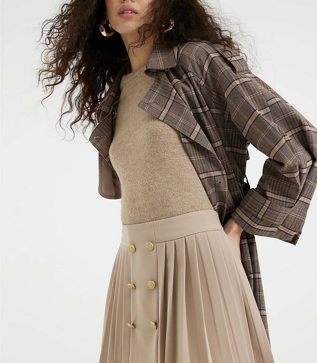 London奶油茶色金鈕釦百褶裙Mini Skirt