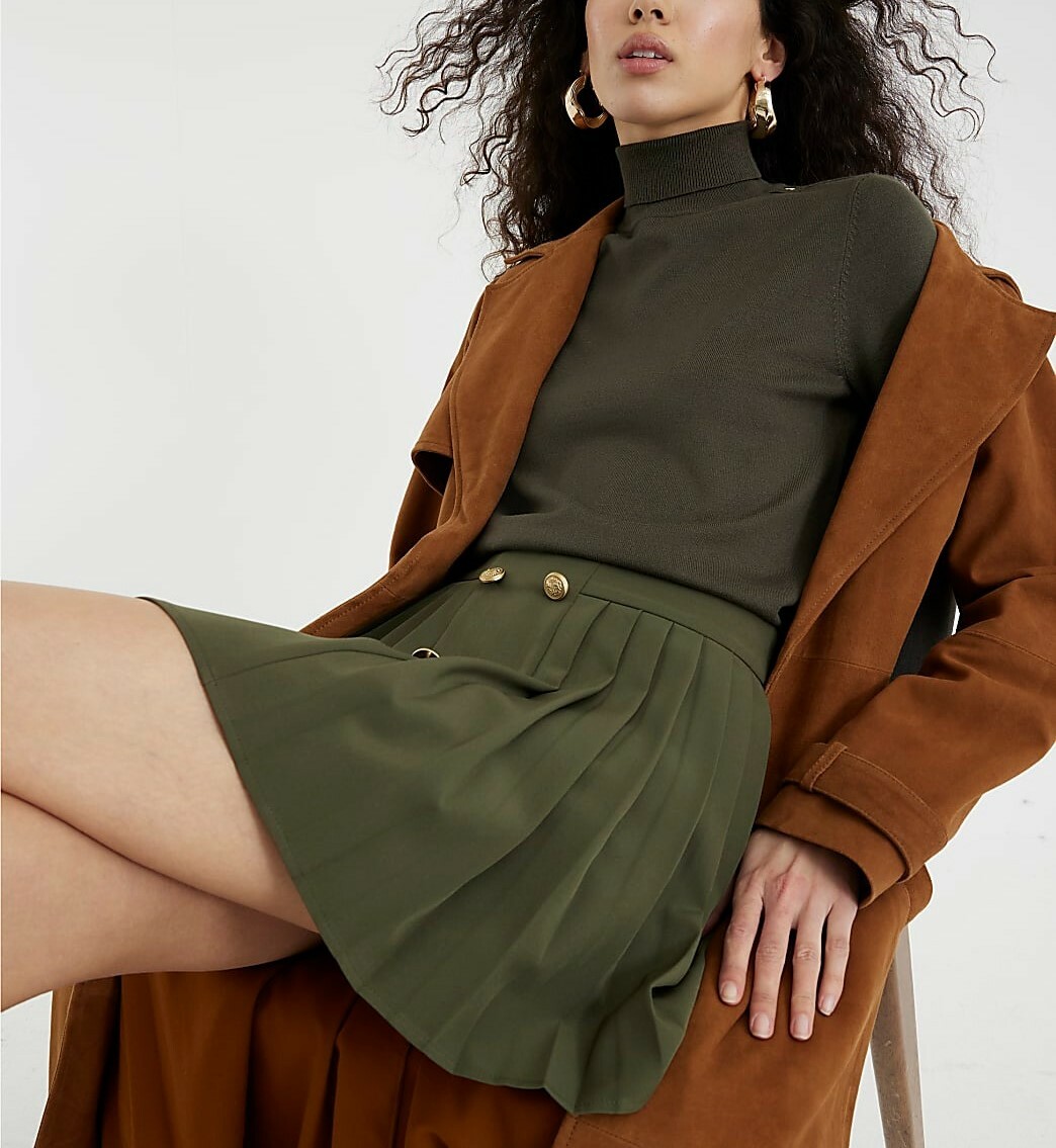 London卡其綠色金鈕釦百褶裙Mini Skirt