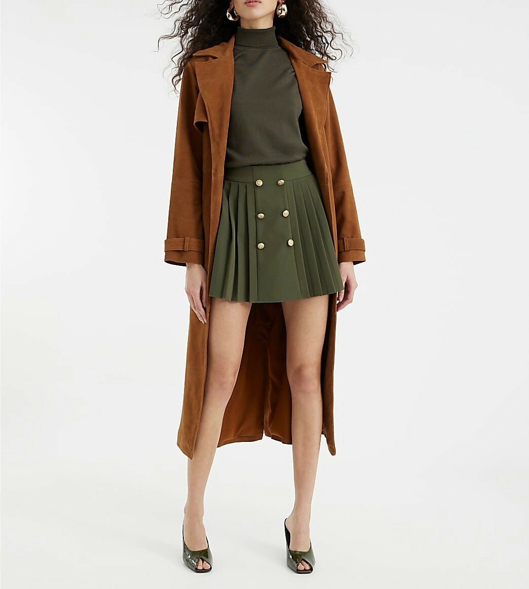 London卡其綠色金鈕釦百褶裙Mini Skirt