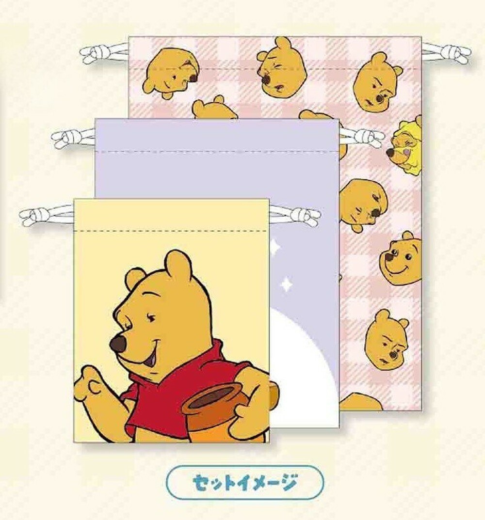 【現貨】小熊維尼 三種尺寸束口袋 三入束口袋組 3入滿版 收納袋 化妝包 小熊維尼趣味臉系列