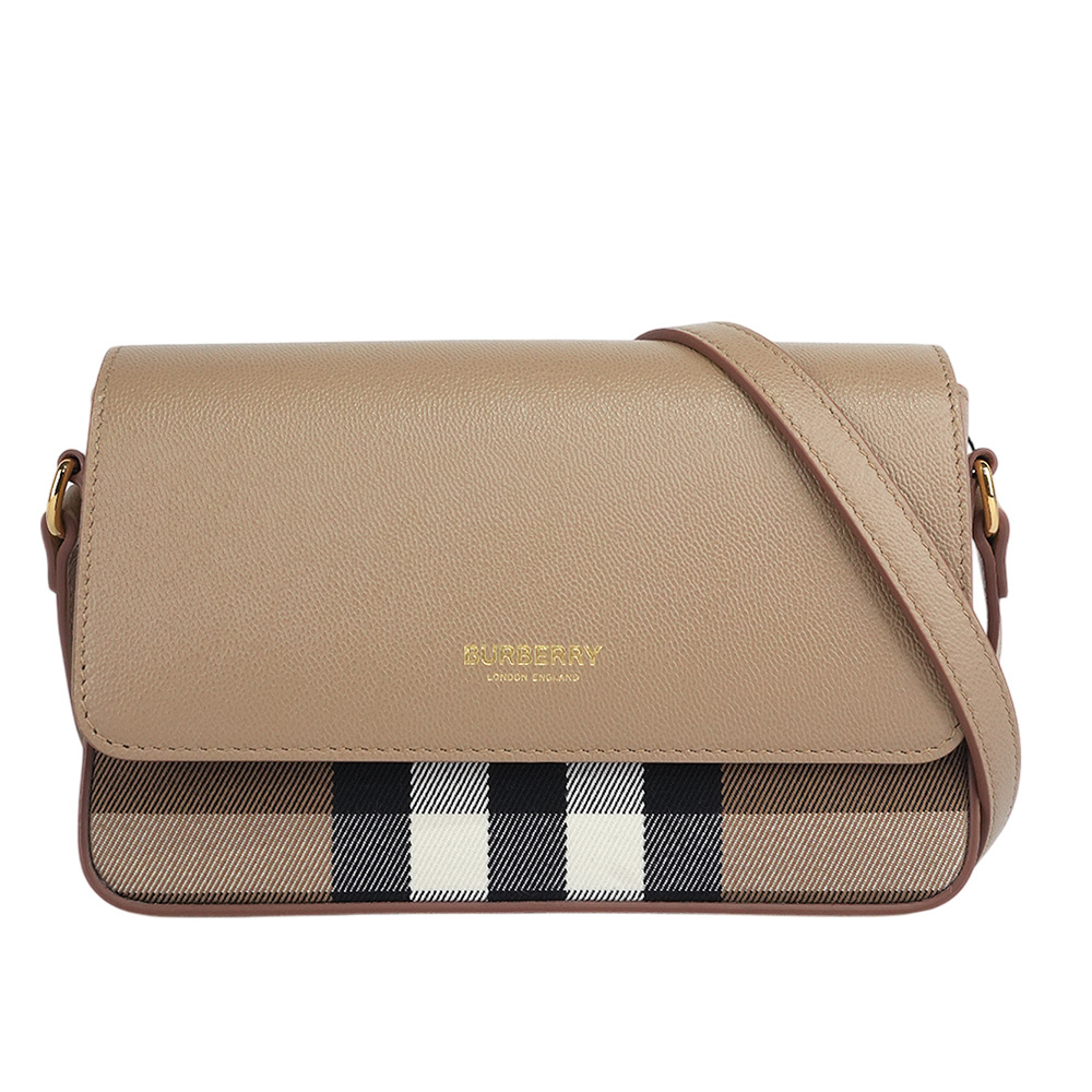 【BURBERRY】Hampshire 新款格紋帆布拼皮革手拿包/斜背包(栗子色)80845041