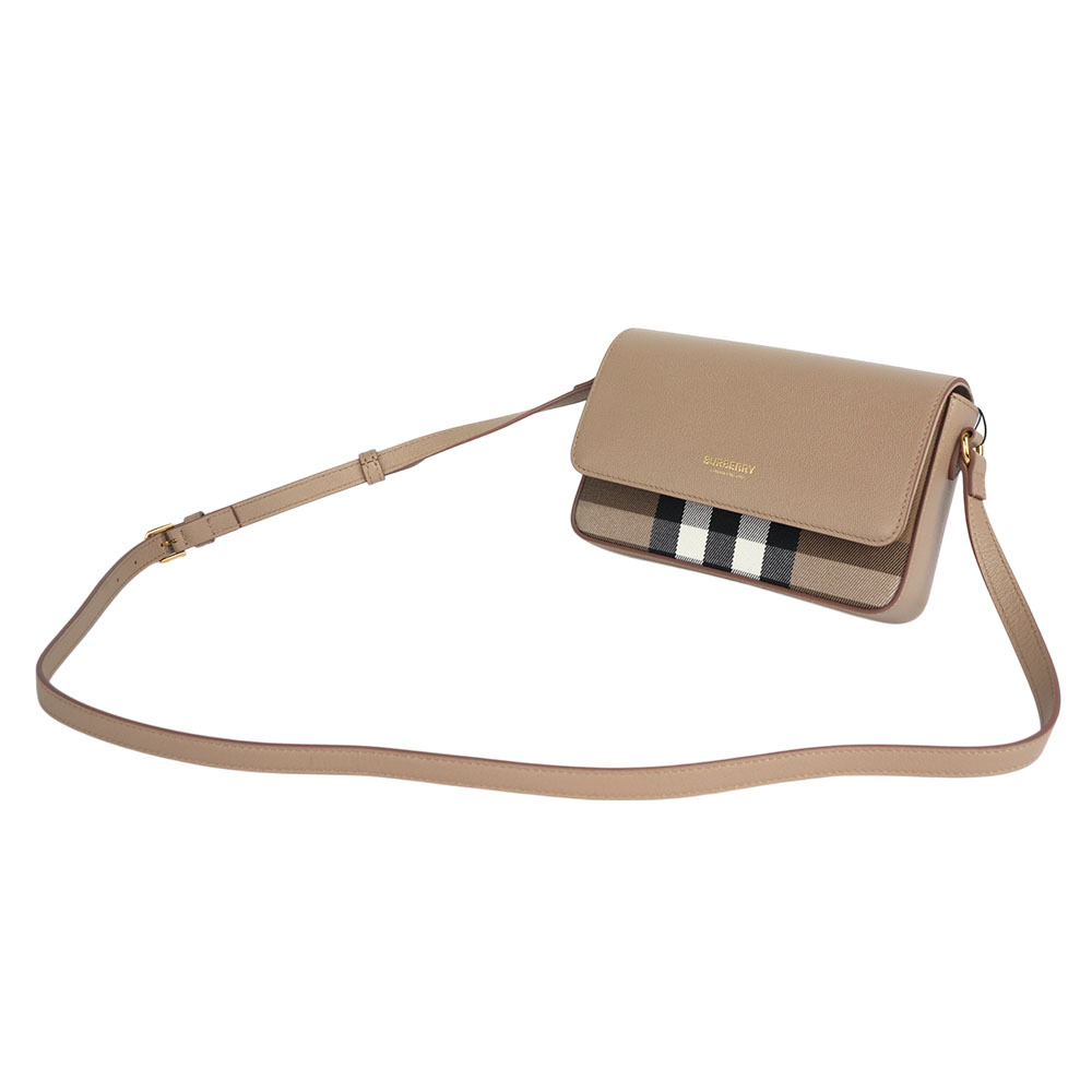 【BURBERRY】Hampshire 新款格紋帆布拼皮革手拿包/斜背包(栗子色)80845041