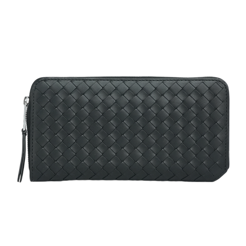 【BOTTEGA VENETA】Intrecciato Piccolo 小牛皮編織ㄇ形拉鍊長夾(黑色)796967 V4LQ 18803