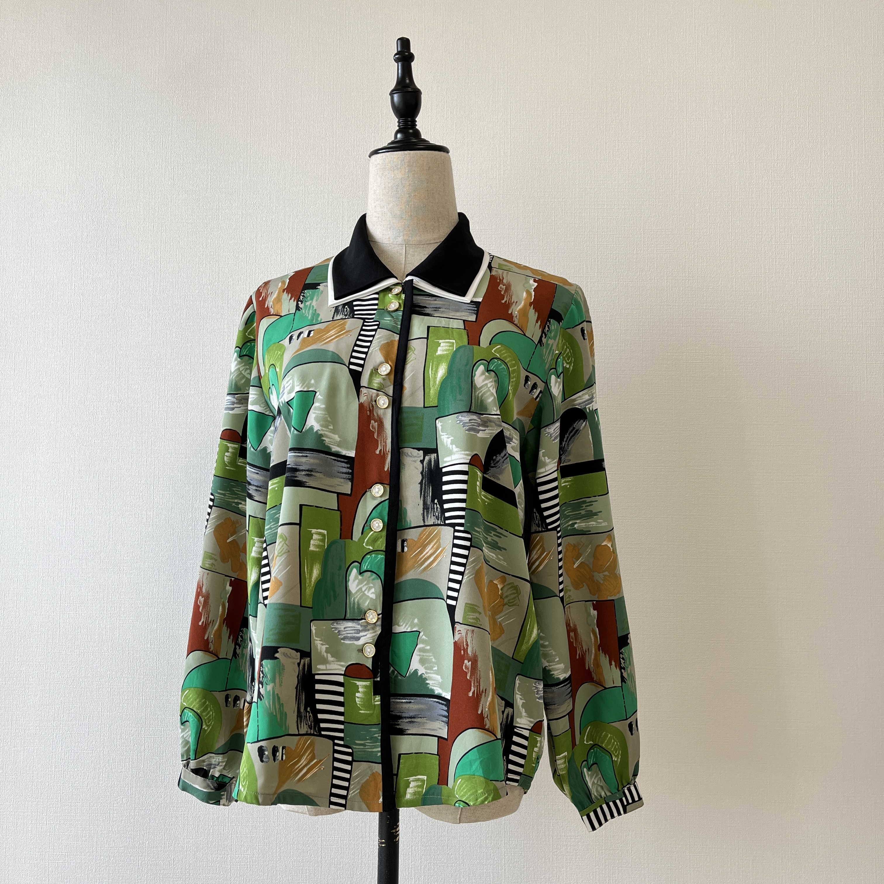 雙層領綠色水彩塗鴉古著上衣