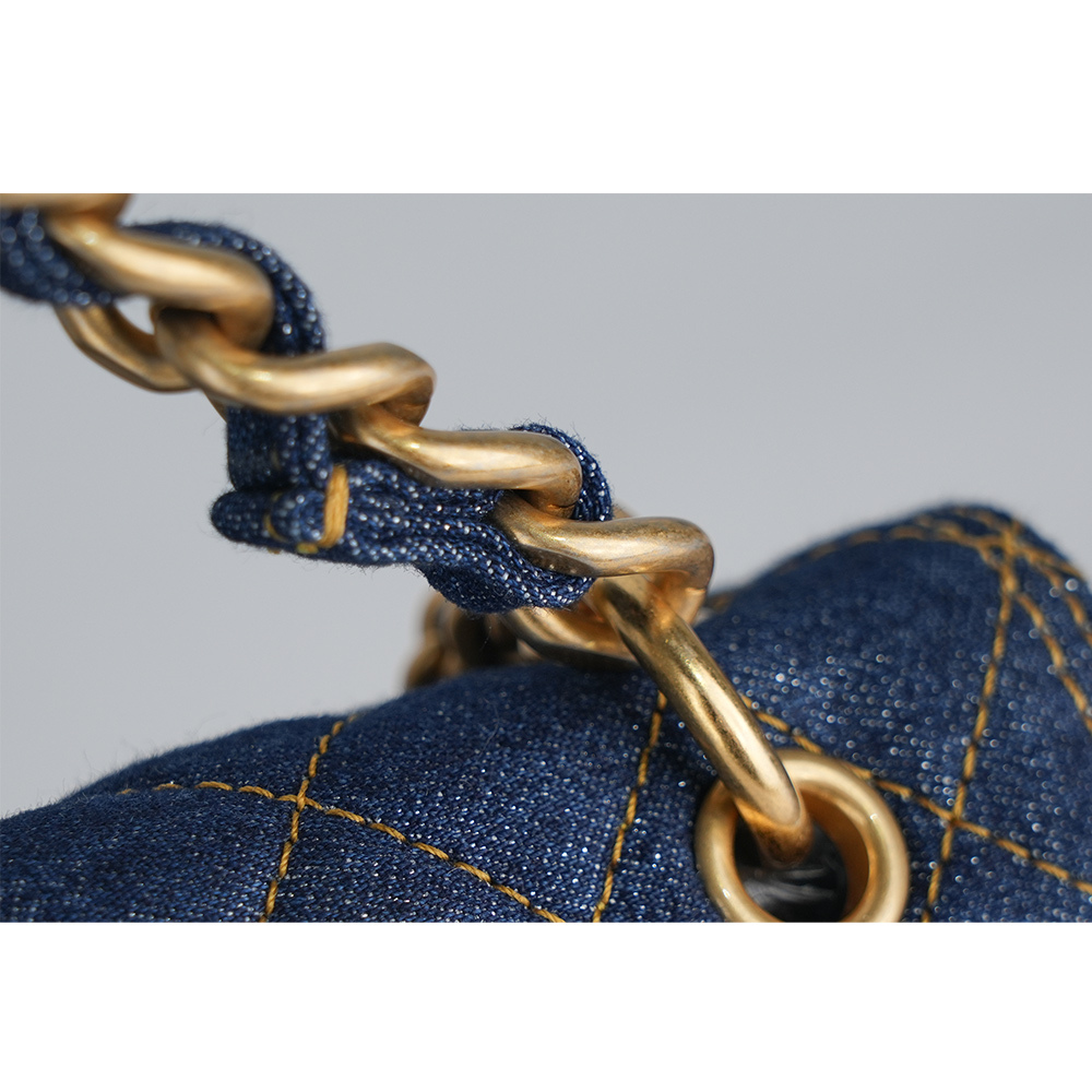 【CHANEL 】金色CC Logo 牛仔菱格紋手提/斜背二用豆腐包(單寧藍)AS4051 B10732 NN574