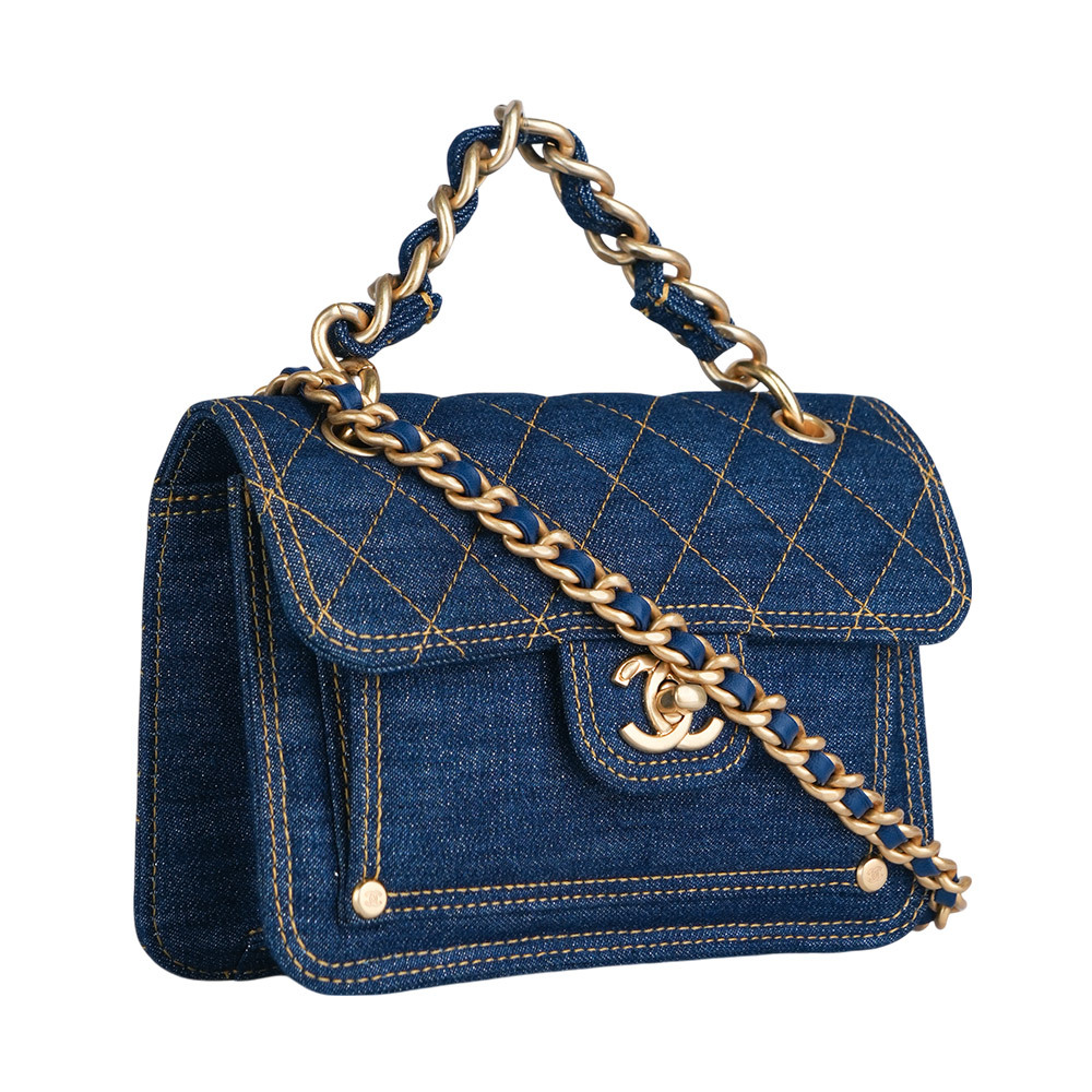 【CHANEL 】金色CC Logo 牛仔菱格紋手提/斜背二用豆腐包(單寧藍)AS4051 B10732 NN574