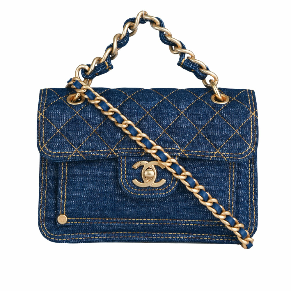 【CHANEL 】金色CC Logo 牛仔菱格紋手提/斜背二用豆腐包(單寧藍)AS4051 B10732 NN574
