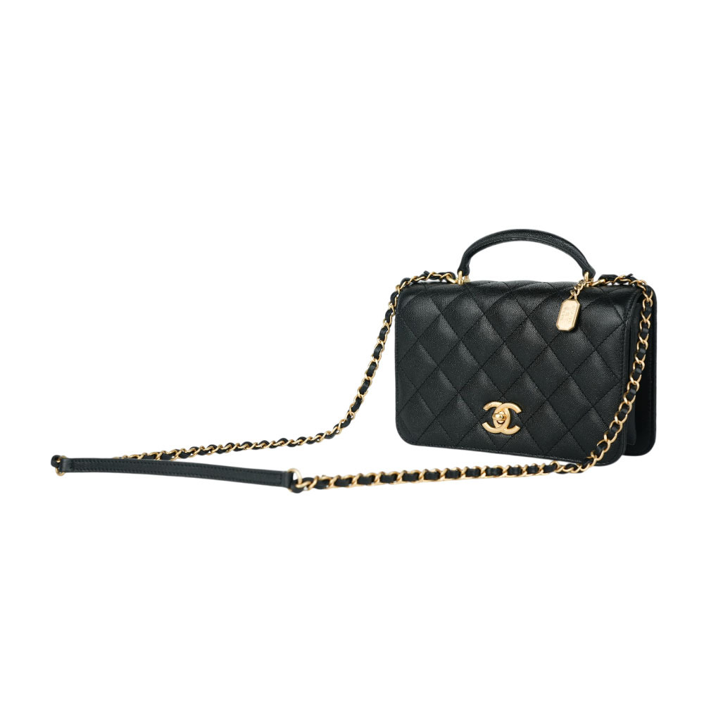 【CHANEL 】金色CC Logo 菱格紋風琴式翻蓋手提/斜背二用包(黑色)AS4286 B13697  94305