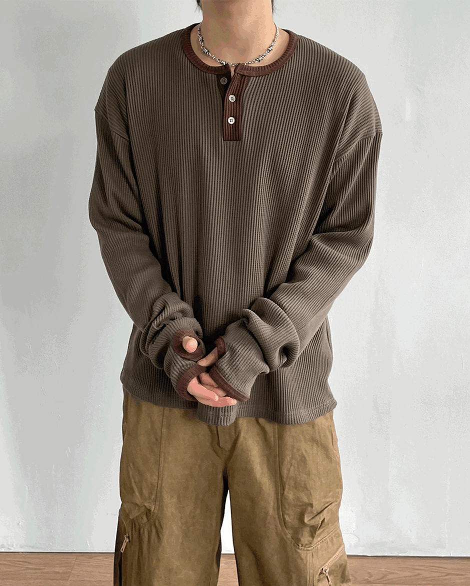 指套亨利領華夫格拼接T恤