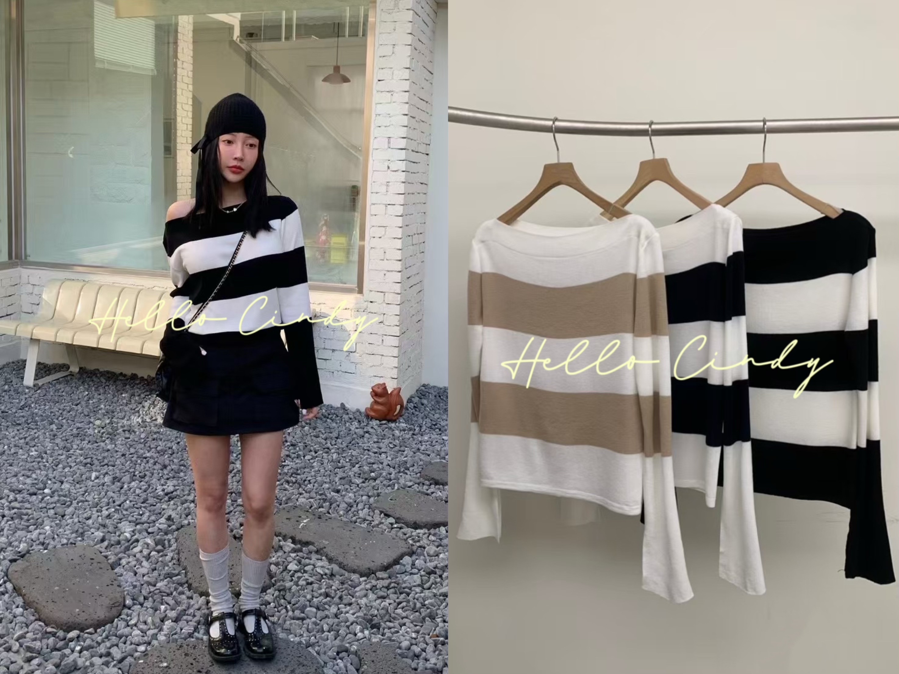 N03028 現貨-Cindy愛牌~正韓設計師品牌顯瘦可拉肩條紋針織上衣