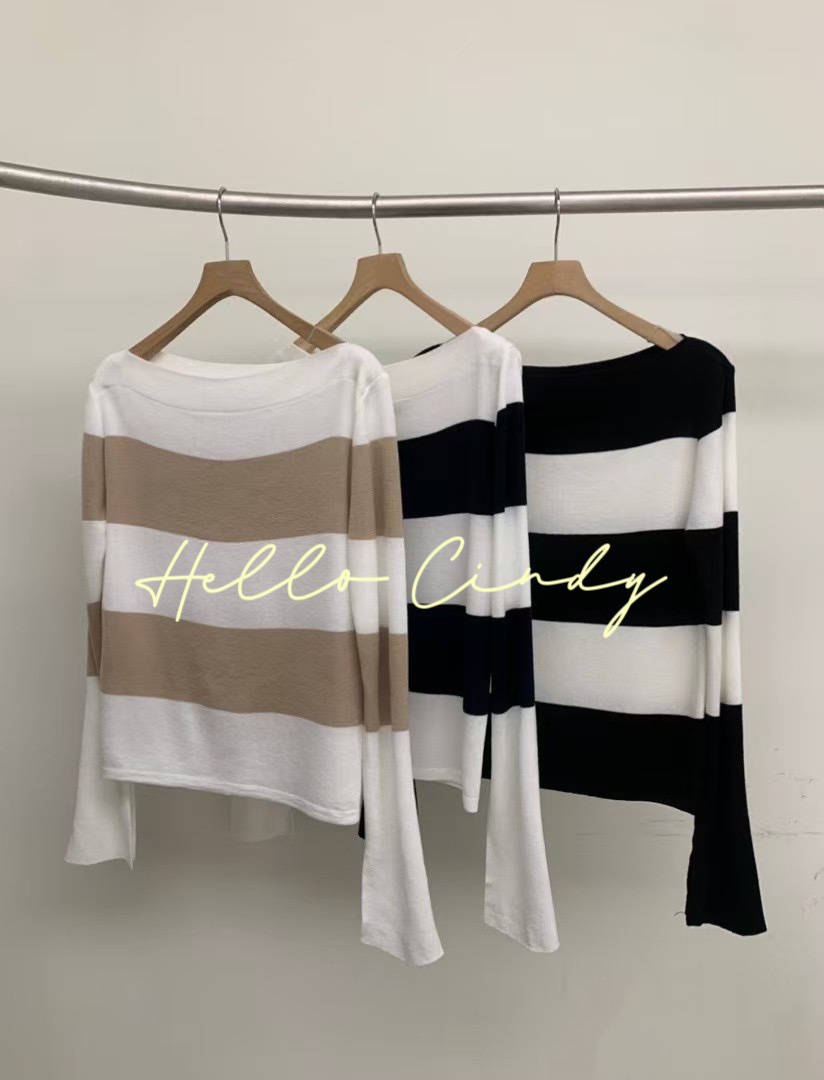 N03028 現貨-Cindy愛牌~正韓設計師品牌顯瘦可拉肩條紋針織上衣