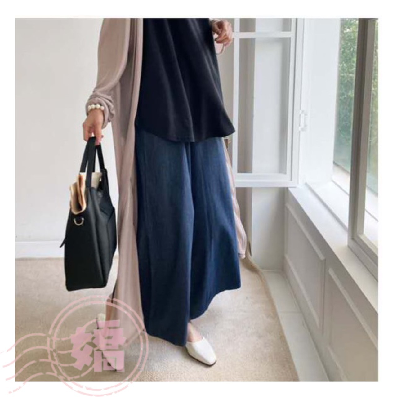 K17006鬆緊牛仔寬褲(深藍'淺藍)