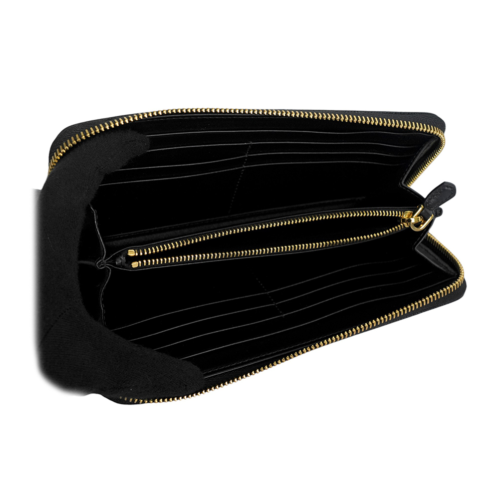 【PRADA】徽標Logo 交叉設計防刮皮革ㄇ形拉鍊長夾(黑色)1ML506 2DYH F0002