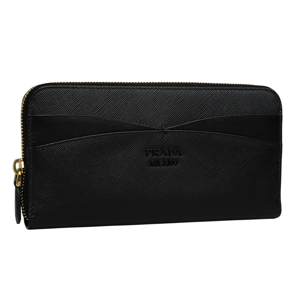 【PRADA】徽標Logo 交叉設計防刮皮革ㄇ形拉鍊長夾(黑色)1ML506 2DYH F0002